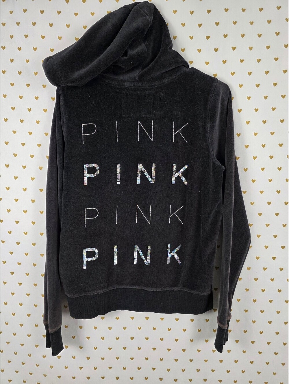 Victorias Secret Pink Velour BLING Studded Black Full Zip Hoodie Jacket LARGE